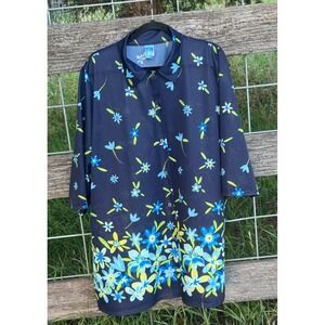 Figure Magic 1X Navy Blue Floral Button Front Tunic Top Plus Size USA